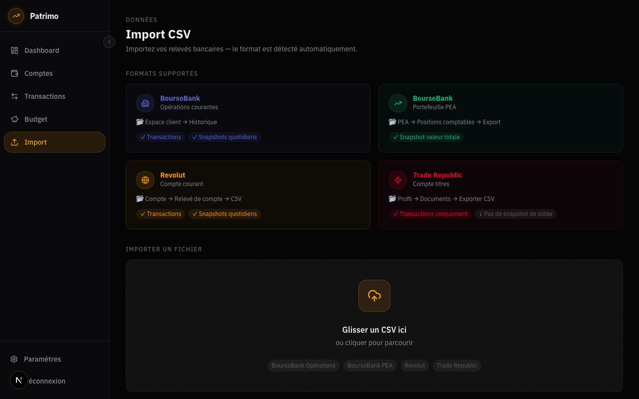 Page d'import CSV — sélection du format et du compte