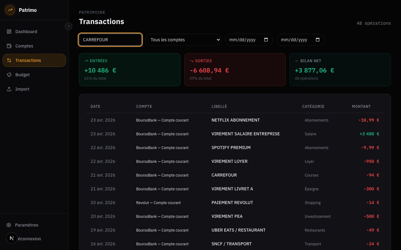 Barre de filtres avec recherche textuelle active