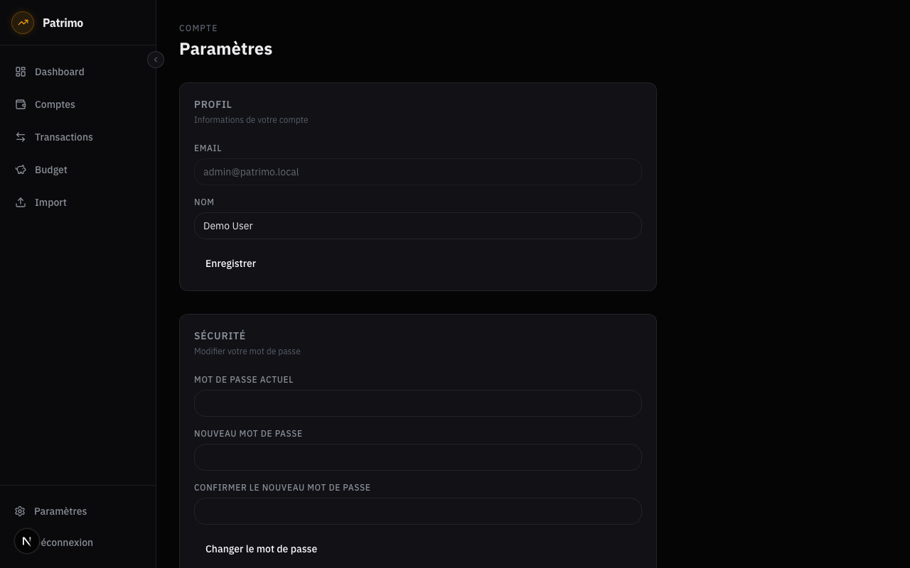 Page paramètres — profil et sécurité
